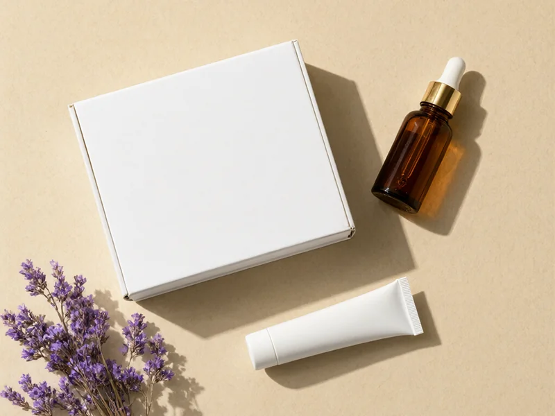 Flat lay совместной коллекции косметики к запуску: blank-коробка, янтарный флакон с пипеткой 30 мл, белая туба 50 мл и веточка лаванды на бежевой бумаге