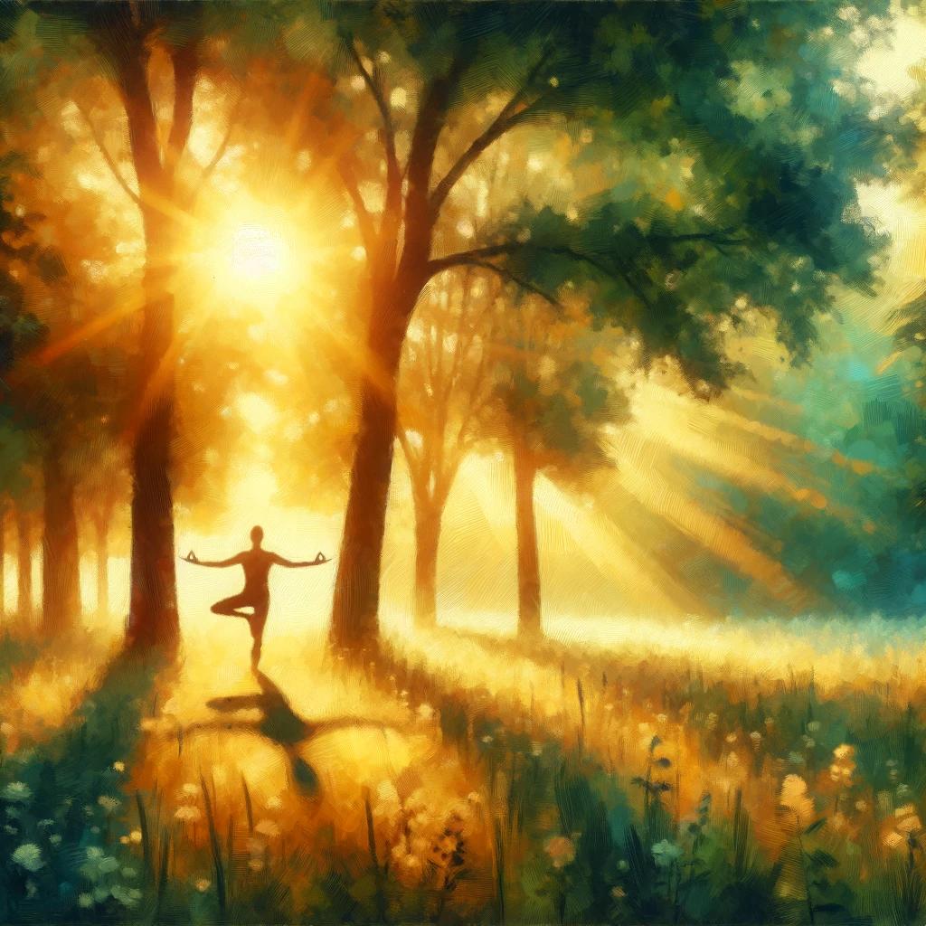 Спокойное и вдохновляющее изображение человека, занимающегося йогой в мирной природной обстановке, с мягким утренним светом, проникающим сквозь деревья