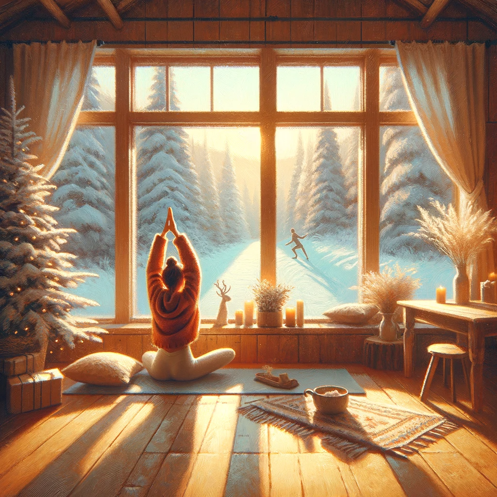 Уютная зимняя сцена внутри дома с человеком, занимающимся йогой у окна, за которым виден снежный пейзаж
