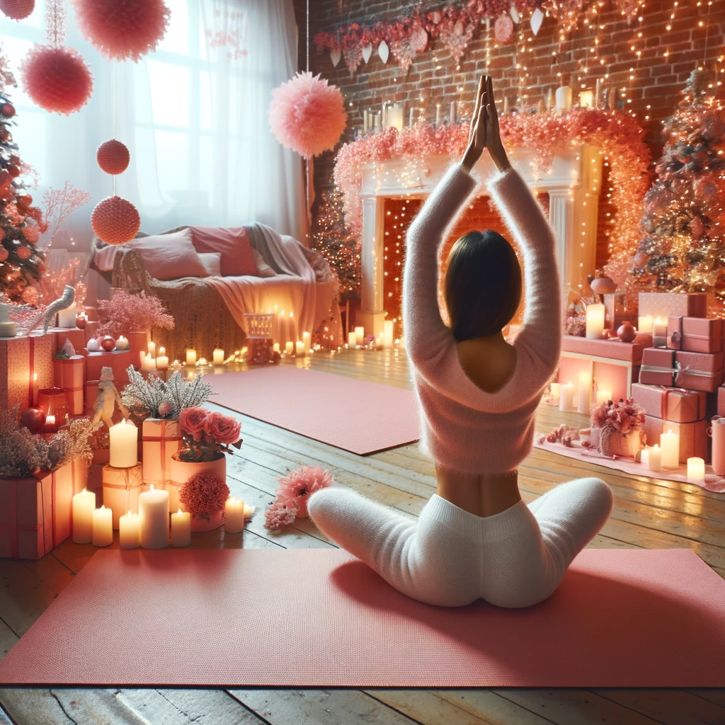Женщина занимается йогой в рождественском украшенном помещении с розовыми акцентами