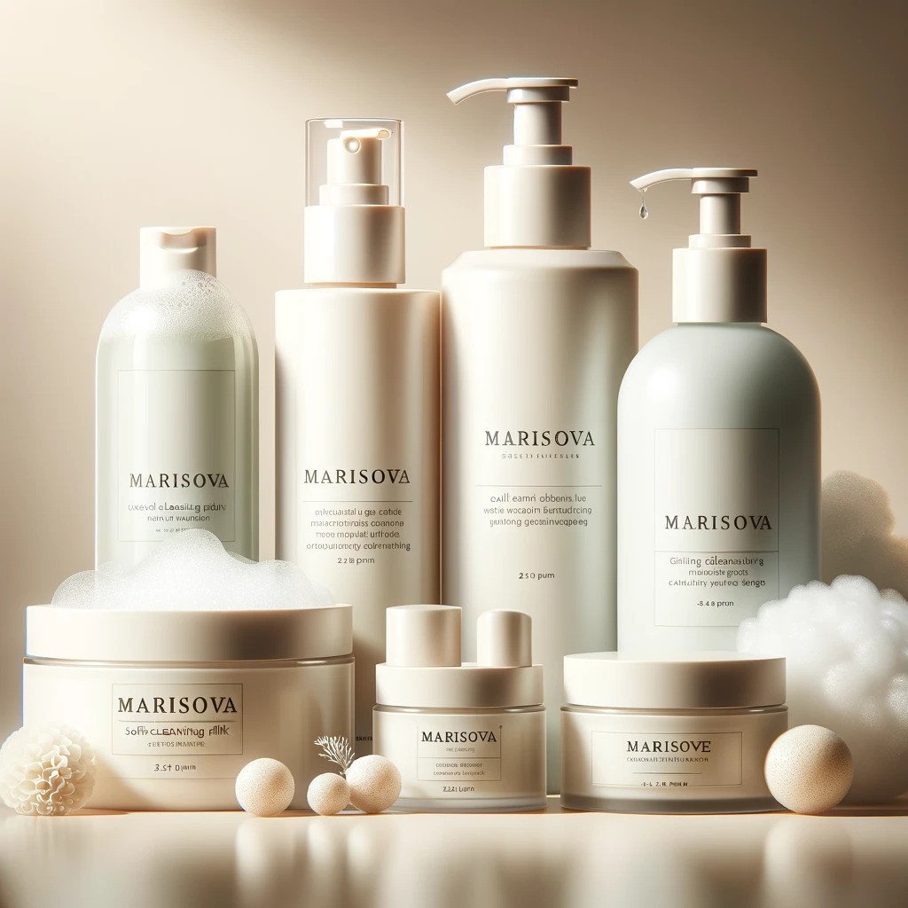 Collection of MARISOVA natural skincare products including cleansing milk, gels, and foams on a neutral background.
