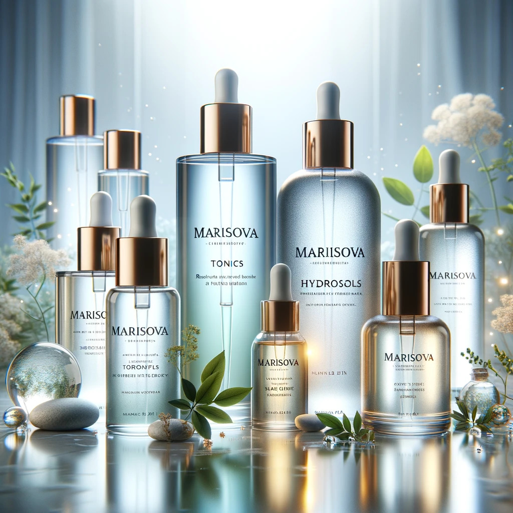 MARISOVA branded natural tonics and hydrosols in clear and tinted glass bottles against a botanical backdrop.