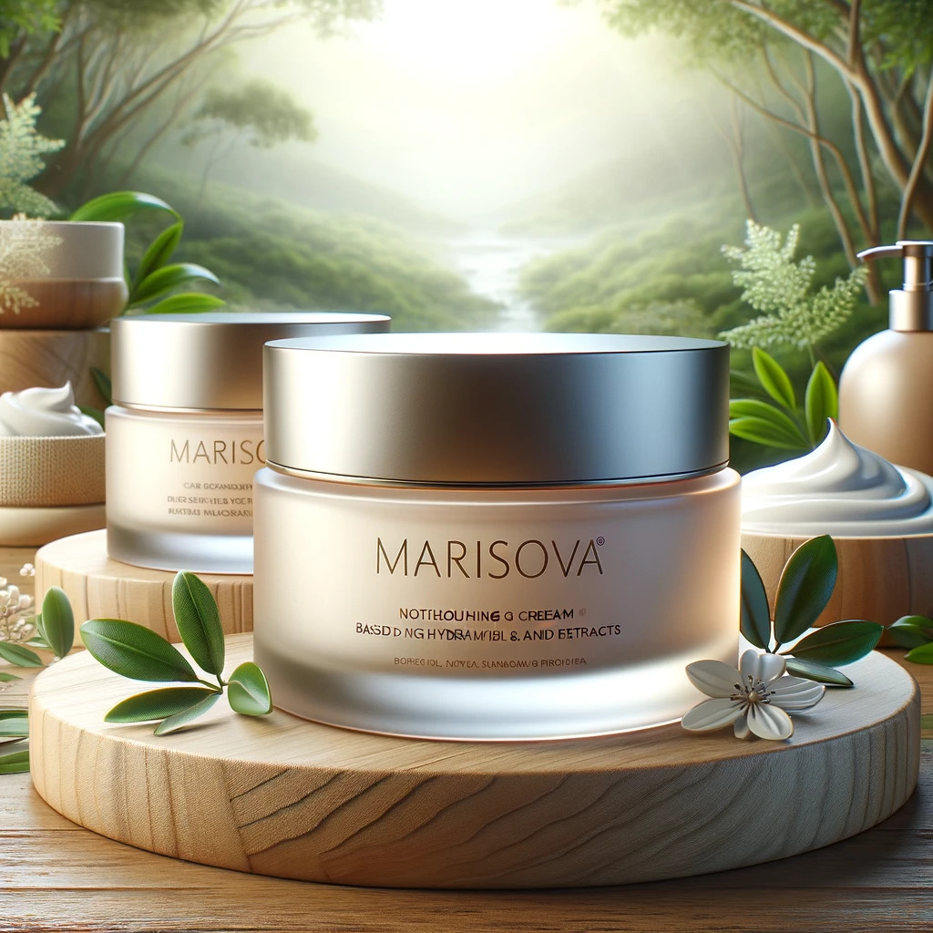 Nourishing creams with Marisova branding on natural background