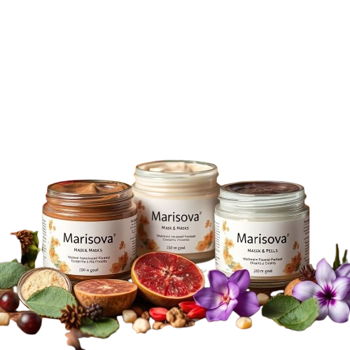 Assorted jars of natural masks and peels from Marisova