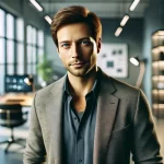 Сергея, уверенного мужчины, стоящего в современном офисе с размытым фоном. На заднем плане элементы, связанные с косметическим производством.