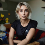 портрет уверенной женщины в современной рабочей обстановке, символизирующий её успех в коучинге и производстве натуральной косметики.