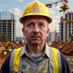 портрет Владимира, строителя, успешно освоившего курс в Школе красоты Марисова, стоящего в современном рабочем пространстве.