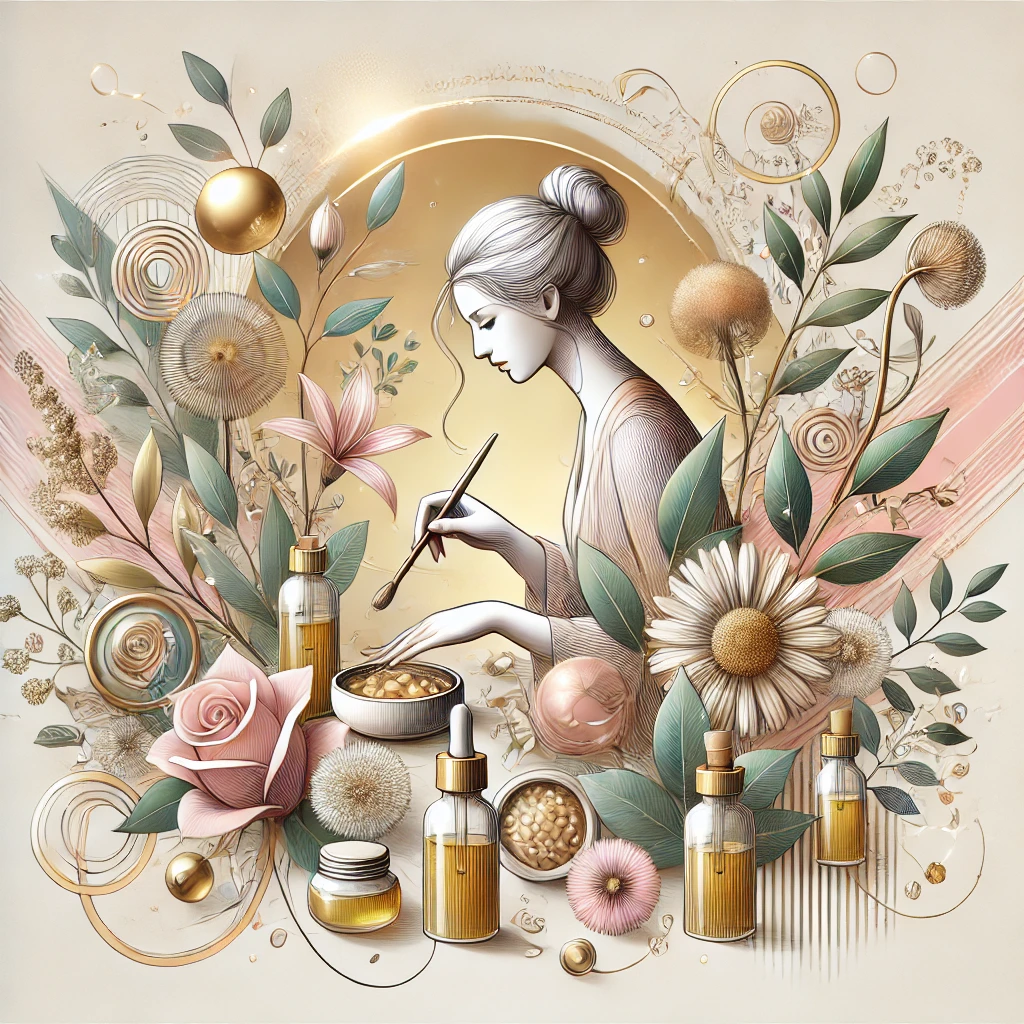 Элегантная иллюстрация, представляющая концепцию 'Школы красоты' с элементами натуральной косметики, женственности и утончённости.