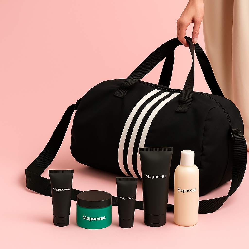Универсальная дорожная сумка с косметикой Marisova на фоне в фирменных цветах бренда