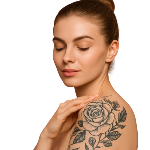 Профессиональная линейка уходовой косметики для татуировок: девушка с тату демонстрирует продукт контрактного производства