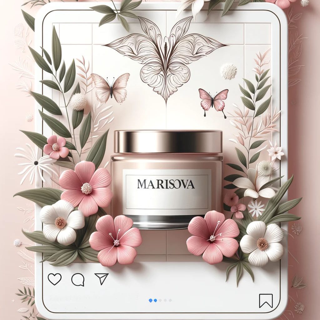 Фотография баночки крема для рук Marisova, окружённой цветами и листьями в нежной пастельно-розовой композиции. Эстетичное оформление в стиле Instagram с элементами интерфейса соцсети.