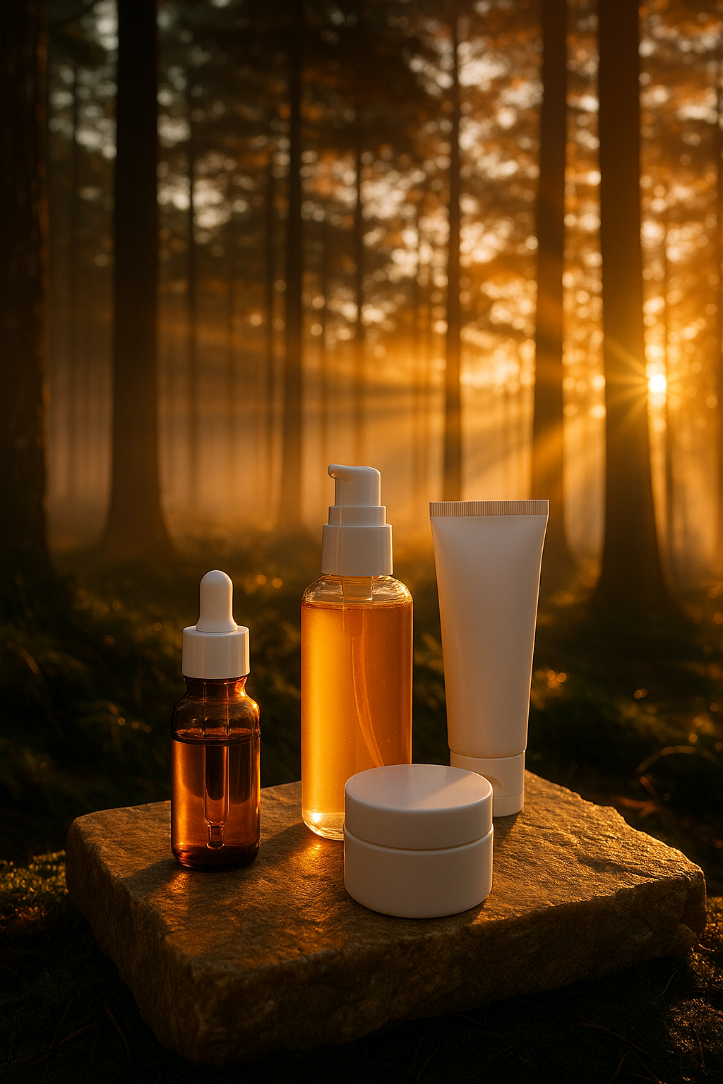 Набор натуральной уходовой косметики «Твой бренд» на каменной плите в лесу на рассвете — Марисова, контрактное производство, инновационные формулы