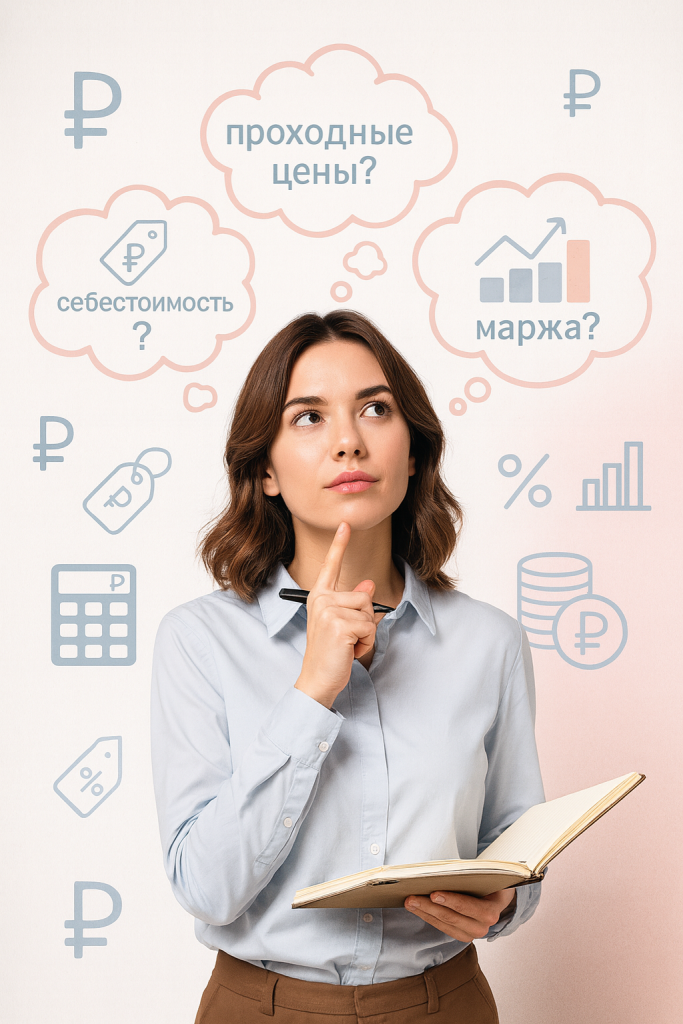 Девушка с блокнотом задумывается о финансах, вокруг символы валют, процентов, графика и калькулятора — проходные цены, себестоимость и маржа в контрактном производстве косметики