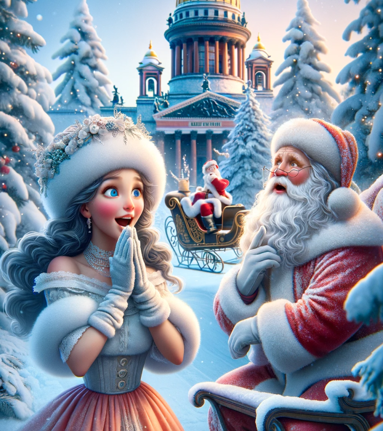 Дед Мороз и Снегурочка в заснеженном лесу с видом на Исаакиевский собор, символизирующий российскую зимнюю сказку.
