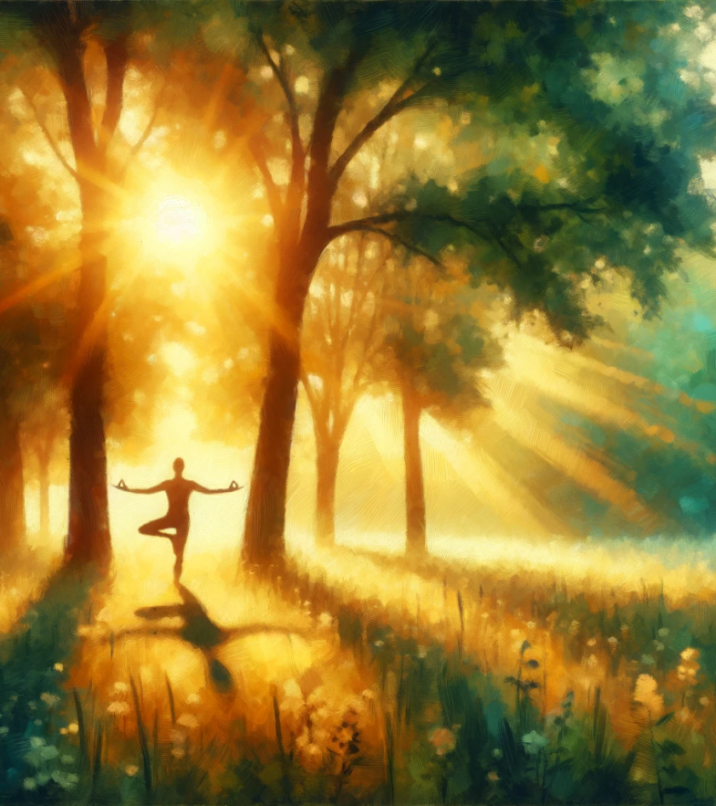Спокойное и вдохновляющее изображение человека, занимающегося йогой в мирной природной обстановке, с мягким утренним светом, проникающим сквозь деревья