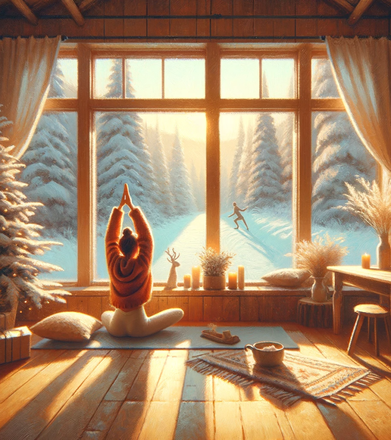 Уютная зимняя сцена внутри дома с человеком, занимающимся йогой у окна, за которым виден снежный пейзаж